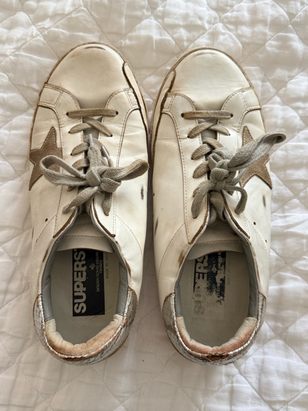 Golden Goose Superstar Sneakers White Taupe Star Distressed Leather 41 Italy - Picture 8 of 15